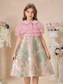 SHEIN 少女優雅網紗領口綴珠對比色彼得潘領紋理A字洋裝套裝 - 粉色 - 查看 4