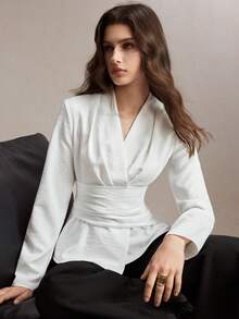 BizChic Bluză elegantă pentru femei, primăvară/vară 2026, albă, texturată, cu croială asimetrică, design asimetric, cu talie încrețită, subțire - alb - Vizualizare 7