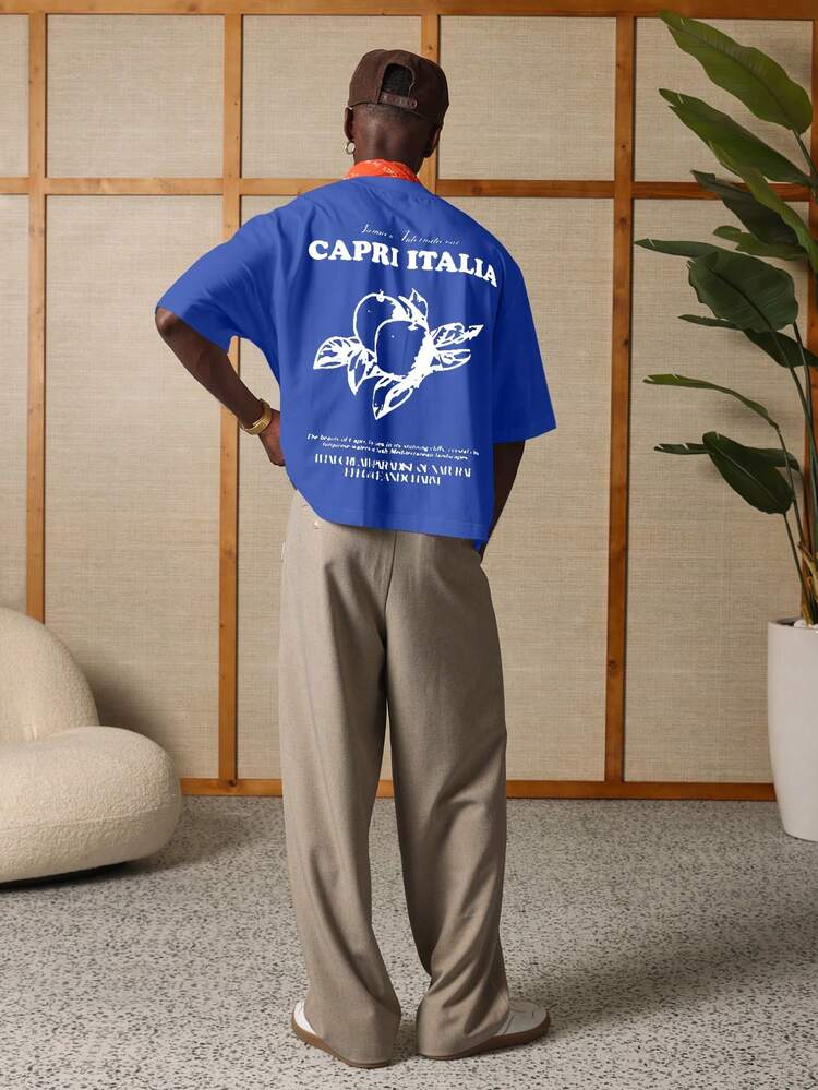 Camiseta corta de hombre azul con estampado de Capri Italia, de manga corta, para vacaciones de verano, tema de viaje italiano, talla grande