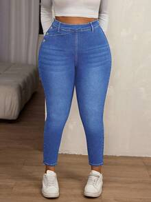 Slaydiva Plus Size Women Elastic Side Button Skinny Jeans - Medium Wash - View 5