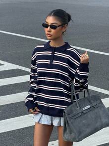 Muchica Women's Casual Everyday Striped Polo Collared Long Sleeve Sweater,Back To School ,Fall / Winter Clothes For Women,Blockette Style