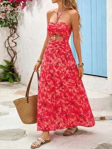 Vivid Eden 波西米亚风印花露背系带镂空串珠装饰度假连衣裙（女款） - 粉色 - 查看 6