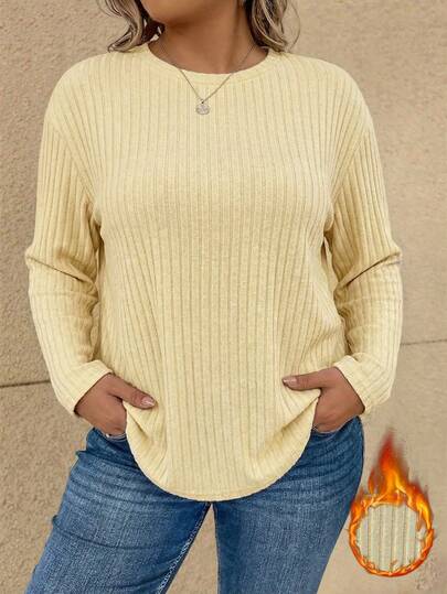 SHEIN Plus Size Solid Color Ribbed Long Sleeve T-Shirt, Casual & Versatile, Autumn/Winter Light Yellow Top Butter Yellow Top Ribbed Sweater Yellow Ribbed Top Ribbed Shirt Yellow Sweater