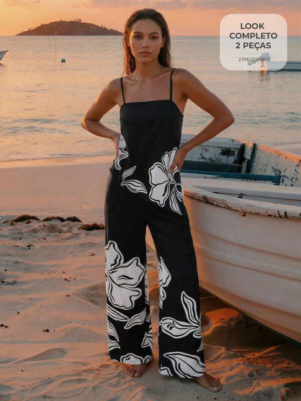 CAJUNI Women's Floral Print Asymmetric Hem Camisole And Wide Leg Pants Casual Suit For Vacation