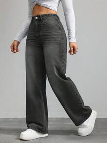 SHEIN CURVE+ 大码女式牛仔蓝色无弹力修身直筒牛仔裤，秋季女装 - 灰色 - 查看 4