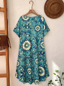 Rusticease Plus Size Women Teal Floral Print Round Neck Short Sleeve Loose Casual Dress,Boho Summer Vacation Holiday Outfits,Spring Country Style Flower Dress - Multicolor - View 2