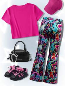 SHEIN Trolls Tween Girls' Casual Everyday Commute Cartoon Letter & Star Print Short Sleeve T-Shirt And Flare Pants Set, Spring/Summer/Autumn - Pink - View 3