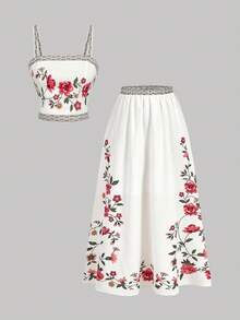 SHEIN MOD Vintage 70s Folk Print Vest Two Pieces Set – Western Wear, Bohemian Style; Perfect For Vacation, Date, Picnic, Party, Prom, Festival, And Birthday - Multicolor - View 9