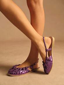 Rosivie Women's Flat Sandals, Gold Woven Strap Closed Toe Flat Shoes - grape purple - View 2