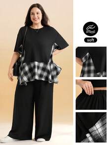 Momelise Setelan 2 Potong Atasan Patchwork Kasual Ukuran Plus + Celana Longgar Sederhana - Hitam - View 1