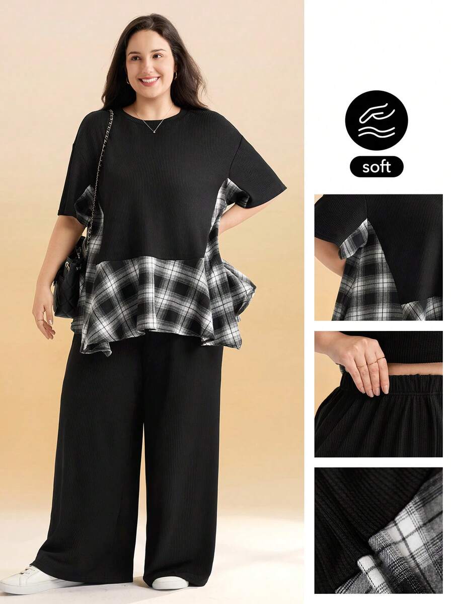 Momelise Setelan 2 Potong Atasan Patchwork Kasual Ukuran Plus + Celana Longgar Sederhana - Hitam - View 1