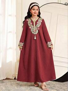 SHEIN 少女V领流苏装饰休闲日常派对喇叭袖连衣裙 - 紅色 - 查看 4