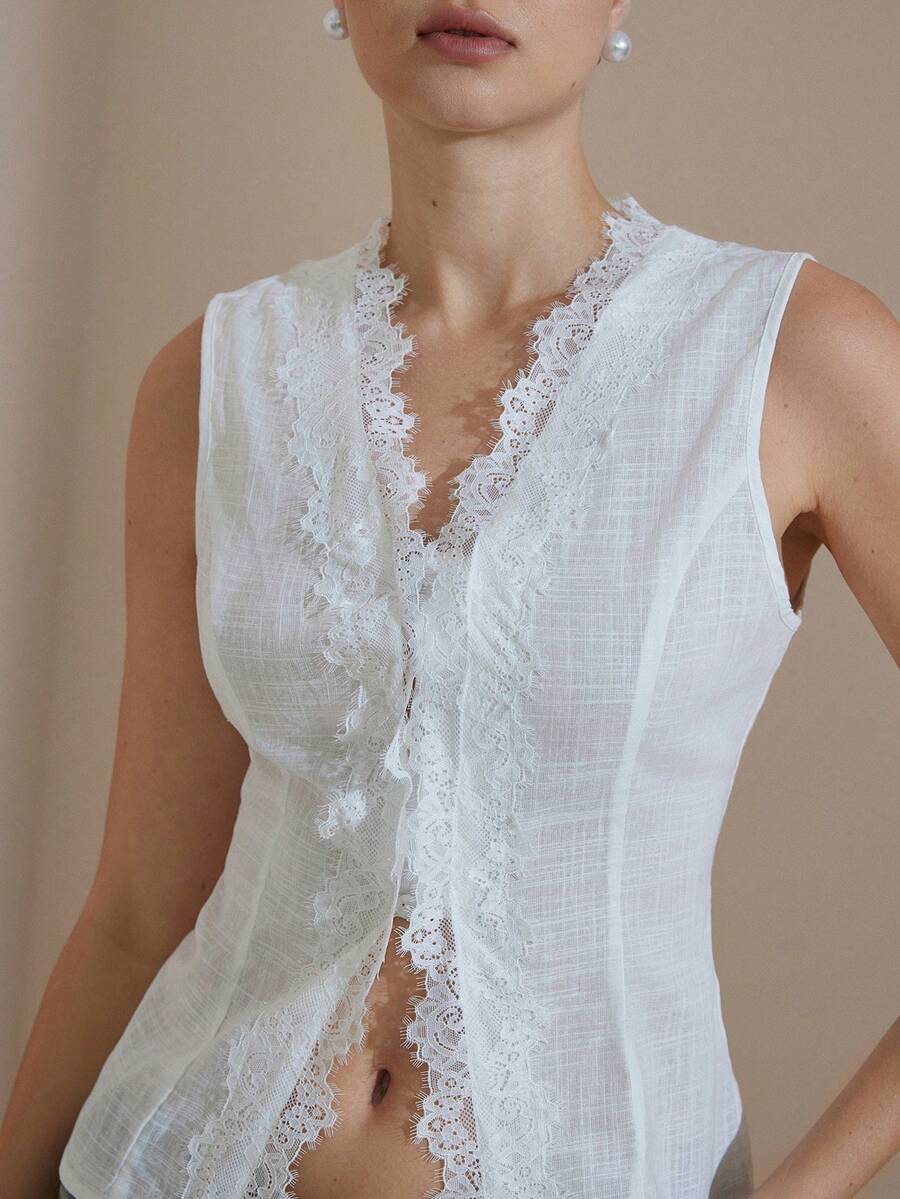 Revavyn French Retro Minimalist Versatile V-Neck Faux Linen Lace Trim Sleeveless Top For Women - White - View 1