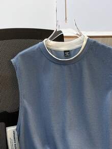 Manfinity Joysei 男士休闲字母拼布圆领背心和短裤套装，夏季蓝色两件套男士舒适服装 - 霧霾藍 - 查看 3