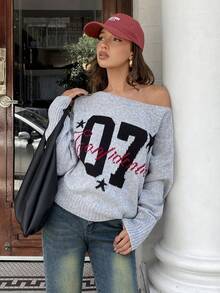 MainGRL Women's Casual Fashion Street Numeric, Letter & Star Pattern Asymmetrical Neck Loose Knit Sweater, Autumn/Winter,Sweaters For Women - Light Grey - View 1