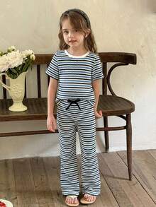 LMoss Kids 2pcs/Set Young Girl Striped Crew Neck Casual T-Shirt And Skinny Pants Outfit,Kids - Dusty Blue - View 3