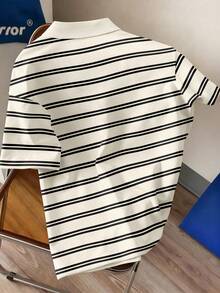 Manfinity Joysei 男士条纹 Polo 衫，黑白撞色小马图案领短袖 T 恤，美式休闲上衣 - 彩色 - 查看 2