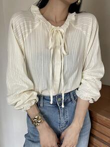 DAZY 女士休闲系带荷叶边领长袖衬衫 - 杏色 - 查看 5