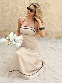 Serisse Đầm nữ cổ yếm buộc dây hở lưng, kiểu dáng thường ngày, thích hợp cho kỳ nghỉ và du lịch. - Màu be - Xem 7