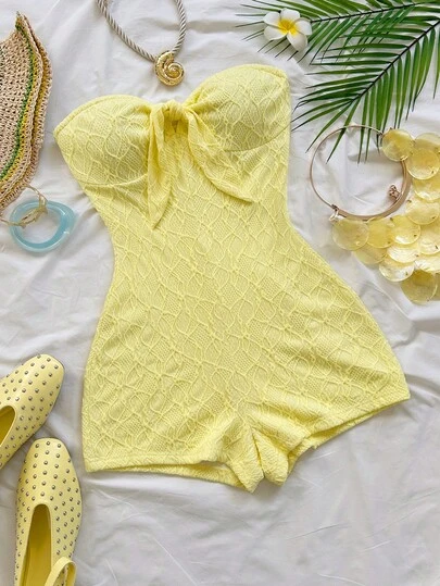 Soleia Mono de punto blanco con textura y lazo delantero para mujer, ideal para vacaciones de primavera/verano, sexy y romántico para fiestas, citas, San Valentín, carnaval, cruceros en la playa, tardes de té