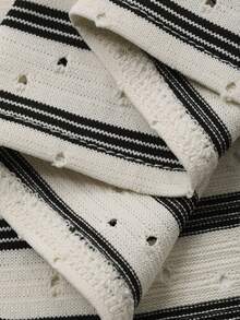 FRIFUL Women's Striped Polka Dot Print Loose Fit Round Neck Drop Shoulder Long Sleeve Casual T-Shirt - Black and White - View 7