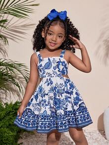SHEIN Gaun Anak Perempuan Motif Tropis Bercorak Biru dengan Detail Pita dan Lubang-lubang Kecil - Biru - View 3