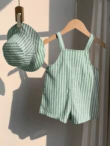 SHEIN Bộ 2 món cho bé trai/bé gái, gồm yếm ăn và mũ tai bèo kẻ sọc xanh trắng, trang phục thường ngày cho ở nhà, đi chơi hoặc đi biển. - Nhiều màu - Xem 2