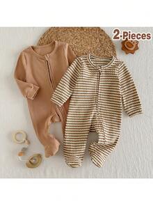 Loomiva 新生儿女宝宝/男宝宝柔软针织圆领长袖连体衣和裤子两件套 - 彩色 - 查看 1