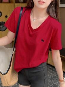 DAZY Women's V-Neck Embroidered Short Sleeve Casual T-Shirt - Red - View 2