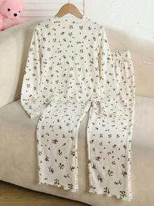 SHEIN Bộ đồ ngủ cho bé gái tuổi teen dễ thương, ngọt ngào, tối giản, nhiều màu sắc, họa tiết nơ, cổ chữ V, tay dài và quần dài, viền bèo nhún, chất liệu mềm mại, thoải mái, 2 món. - Màu be - Xem 4