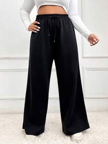 SHEIN EZwear Pantalones de chándal rectos, sueltos y casuales de cintura elástica con cordón, talla grande y unicolor - Negro - Ver 5