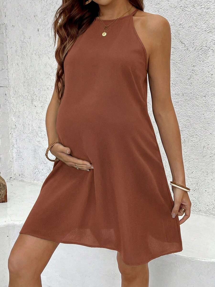 SHEIN Rochie de maternitate casual, cu imprimeu halter, la modă, în culoare solidă - Lemn rosu - Vizualizare 1