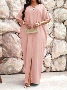 SHEIN Lady Jesienno-zimowa praca w kolorze zielonym, z wycięciem, z rękawami typu nietoperz, sukienka kaftan, sukienki w dużych rozmiarach, stroje wakacyjne, stroje plażowe dla kobiet, sukienka na wakacje na plaży, sukienka na wesele, sukienka dla gościa, sukienka biznesowa, swobodna, sukienka na studniówkę - Różowy - Zobacz 6