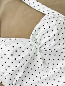少女波点印花连衣裙，露背白色迷你连衣裙，系带/荷叶边下摆，双层设计/适合派对/约会/情人节/度假/海滩度假装扮 - 白色 - 查看 2
