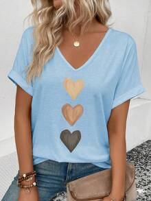 EMERY ROSE Women's V-Neck Flared Cuff, Ombre Heart Print Casual Versatile T-Shirt, Spring/Summer - Baby Blue - View 1