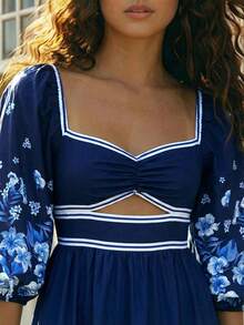 CAJUNI Navy Blue Floral Maxi Dress With Puff Sleeves And Sweetheart Neckline. - Blue - View 5