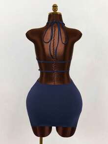 Mistrie Women's Navy Blue Tie-Up Sleeveless Dress - Navy Blue - View 3