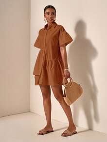 Slaydiva Women Holiday Solid Color Short Sleeve Single-Breasted Ruffle Hem Casual Shirt Dress - Brown - View 1
