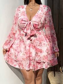 Sunnyshic Valentine New Fashion V-Neck Waist Cinched Floral Print Ruffle Hem Long Sleeve Dress, Vacation Style, Spring/Summer - Pink - View 6