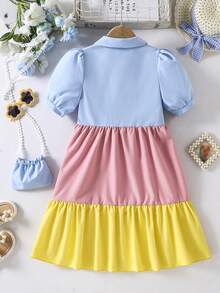Sparklyn Tween Girl Colorblock Ruffle Hem Button Front Short Sleeve Dress - Multicolor - View 8