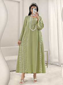 Yasmyna Fashionable Casual Loose Round Neck Embroidered Flared Long Sleeve Elegant Women Dress - Multicolor - View 5