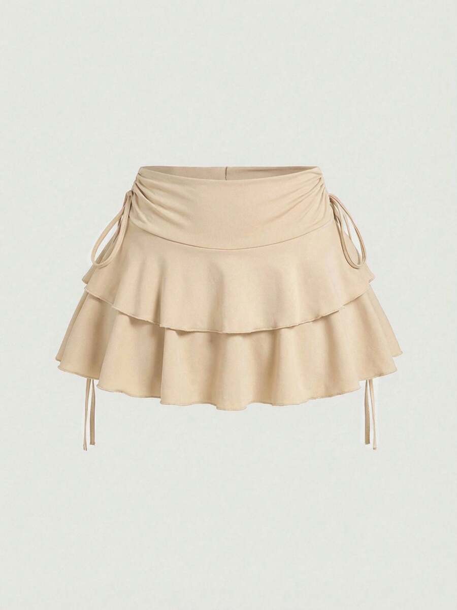 SHEIN MOD 女士简约纯色抽绳腰褶裥半身裙，夏季 - 駝色 - 查看 1