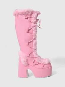 ROMWE Women's Autumn/Winter New High-Value Tall Boots, Round Toe Thick Heel Super High Heel Punk Sexy Furry Boots, Thick Sole High Heel Long Boots Valentine's Day - Pink - View 1