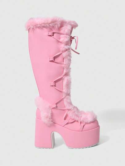 ROMWE Women's Autumn/Winter New High-Value Tall Boots, Round Toe Thick Heel Super High Heel Punk Sexy Furry Boots, Thick Sole High Heel Long Boots Valentine's Day