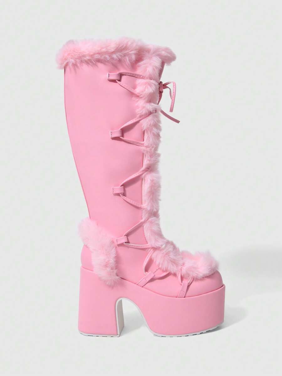 ROMWE Women's Autumn/Winter New High-Value Tall Boots, Round Toe Thick Heel Super High Heel Punk Sexy Furry Boots, Thick Sole High Heel Long Boots Valentine's Day - Pink - View 1