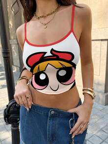 THE POWERPUFF GIRLS X SHEIN Women's Cute Cartoon Graphic Ringer Crop Cami Top, Casual Daily Commute, Summer - White - View 3