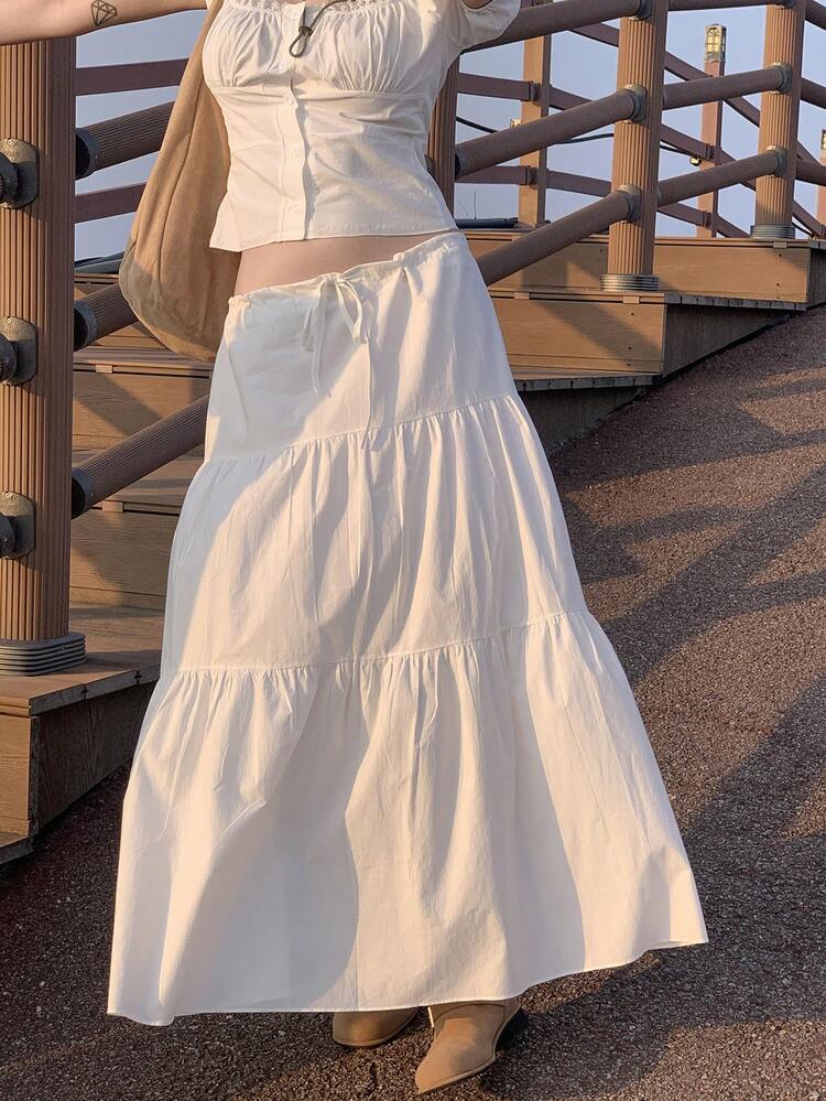 Women's High Waist Pleated A-Line Long Skirt