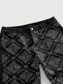 ROMWE MEN Street Life 男士黑色花卉水钻牛仔短裤 - 黑色 - 查看 3