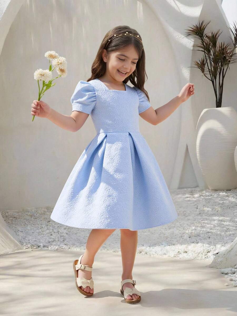 1件优雅甜美时尚荷叶边泡泡袖公主裙，提花面料，女童连衣裙，新品上市 - 藍色 - 查看 1
