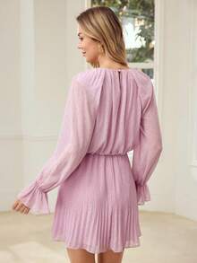 MOTF PREMIUM WOMEN'S PLEATED RUFFLE HEM MESH PATCHWORK MINI DRESS - Violet Purple - View 6